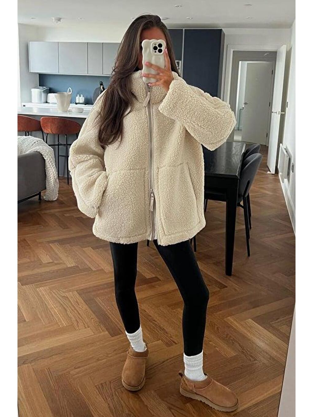 Ekru Dik Yakalı Cepli Pelüş Mont Mg1966