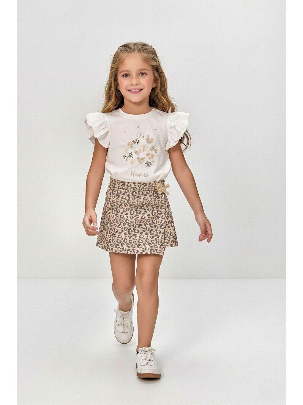 Beyaz Kız Çocuk Leopar Şort Etek & Fırfırlı Tişört 2li Tarz Kombin M00801-1