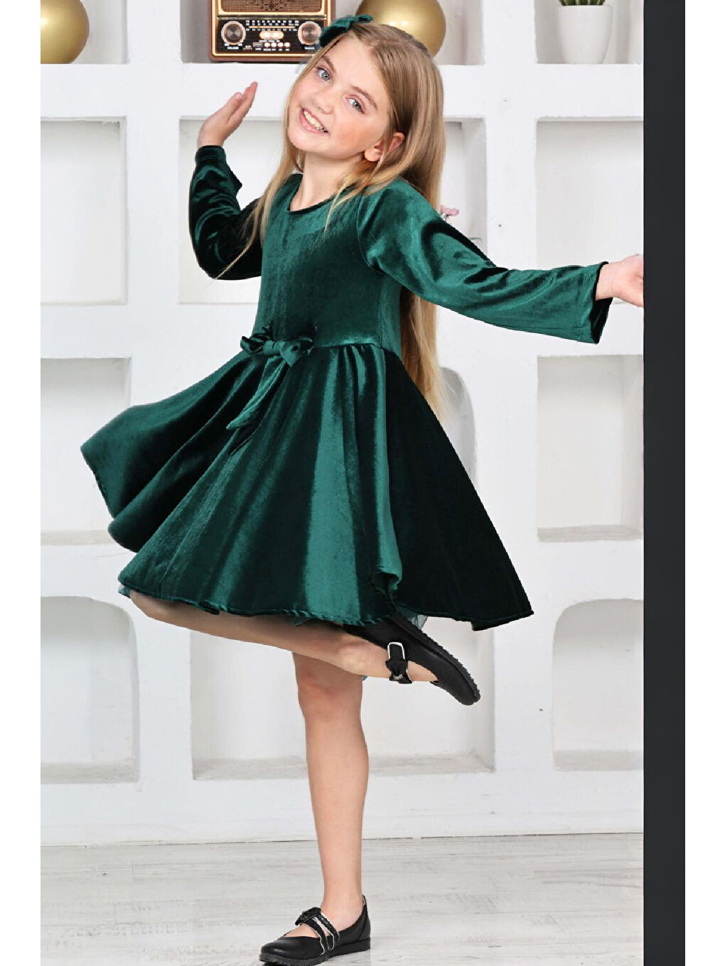 Petrol Kız Çocuk Kadife Elbise-İçi Tüllü ve Fiyonk Süslemeli 7-12 Yaş 12427-1