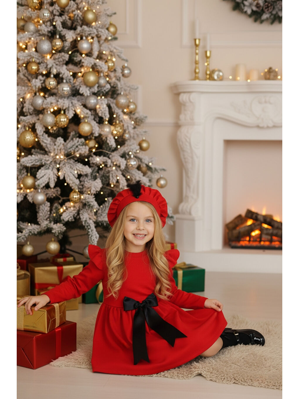 Kız Çocuk Kırmızı Sofia Pamuklu Fiyonk Detaylı Elbise Kep Abiye Takım Giyim > Elbise (1182)-1