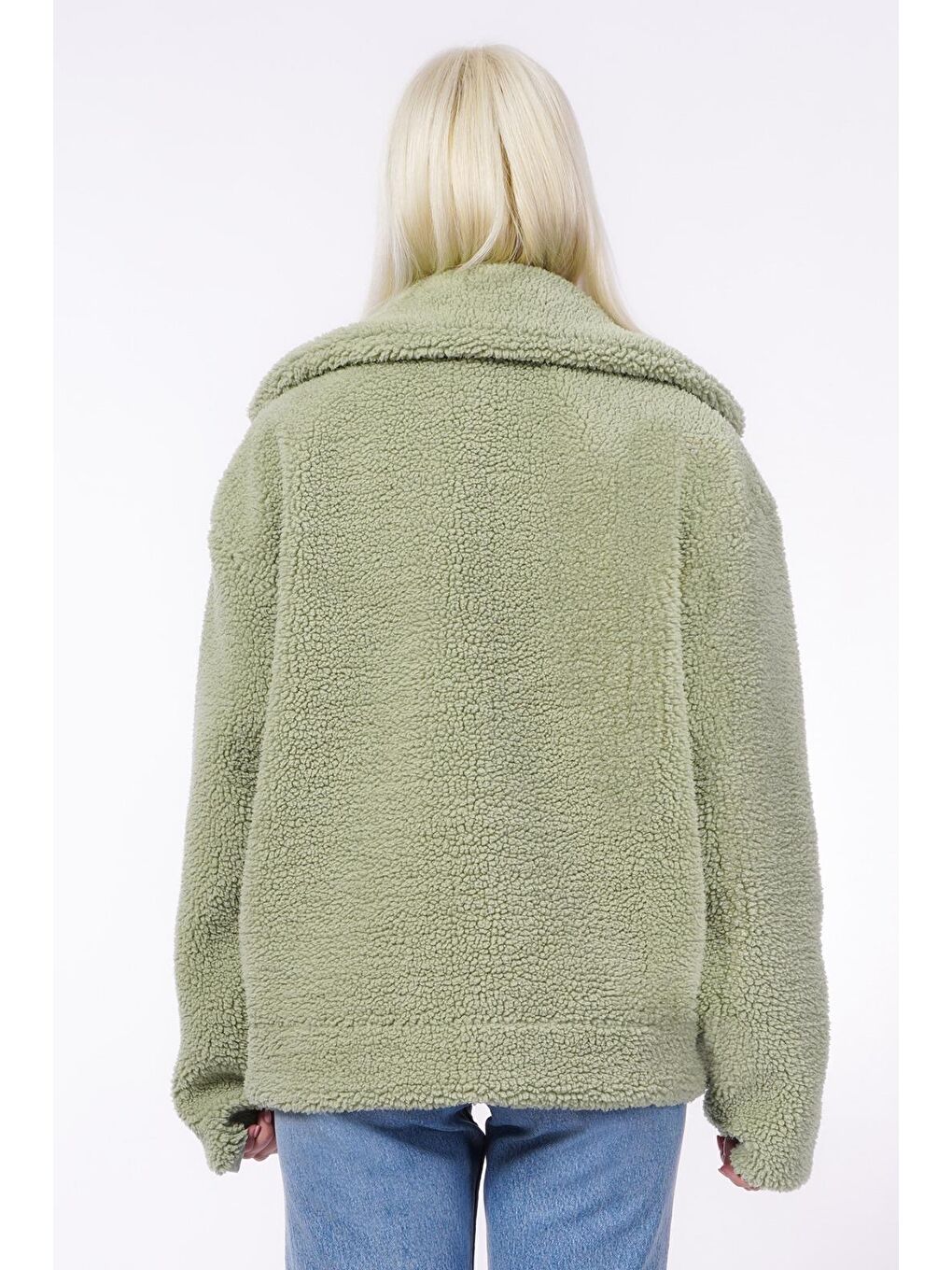 Yeşil Deri Detaylı Kadın Pelüş Mont Mg2485-7