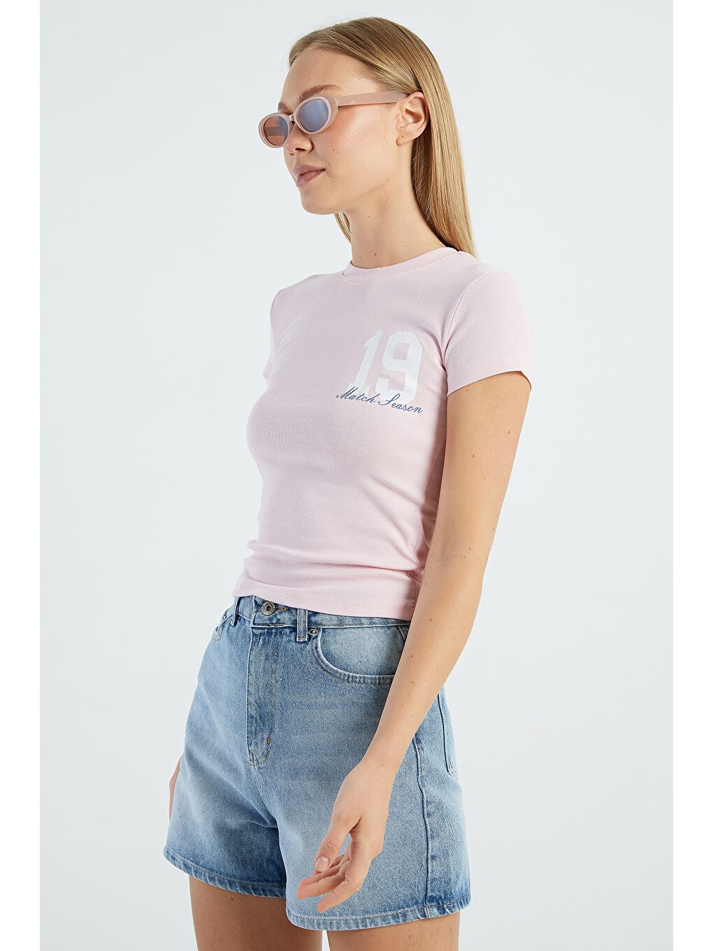 Pembe 19 Baskılı Slim Fit Tişört-3