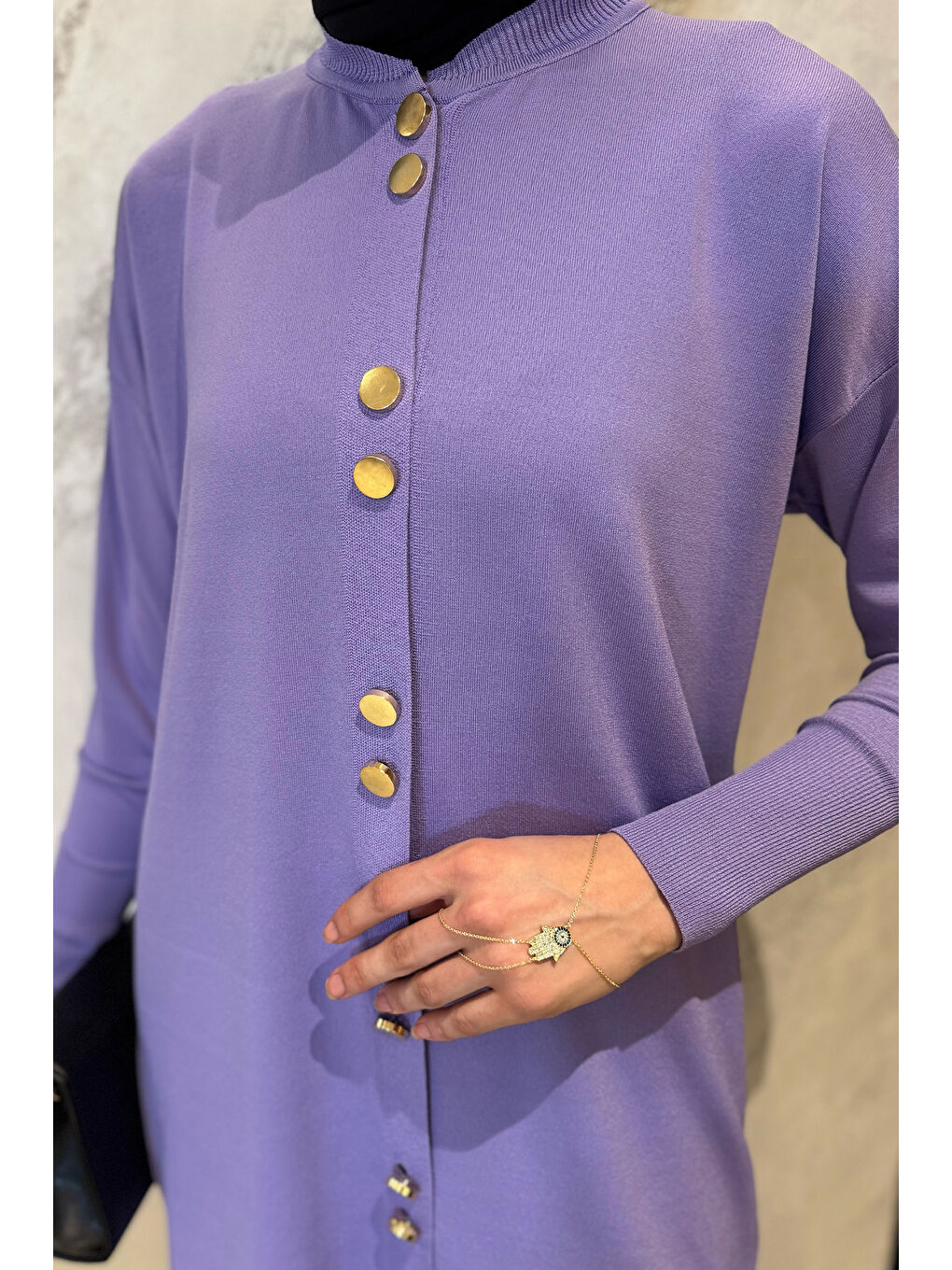 Lila Kadın Gold Düğme Detaylı Tesettür Triko Hırka-4