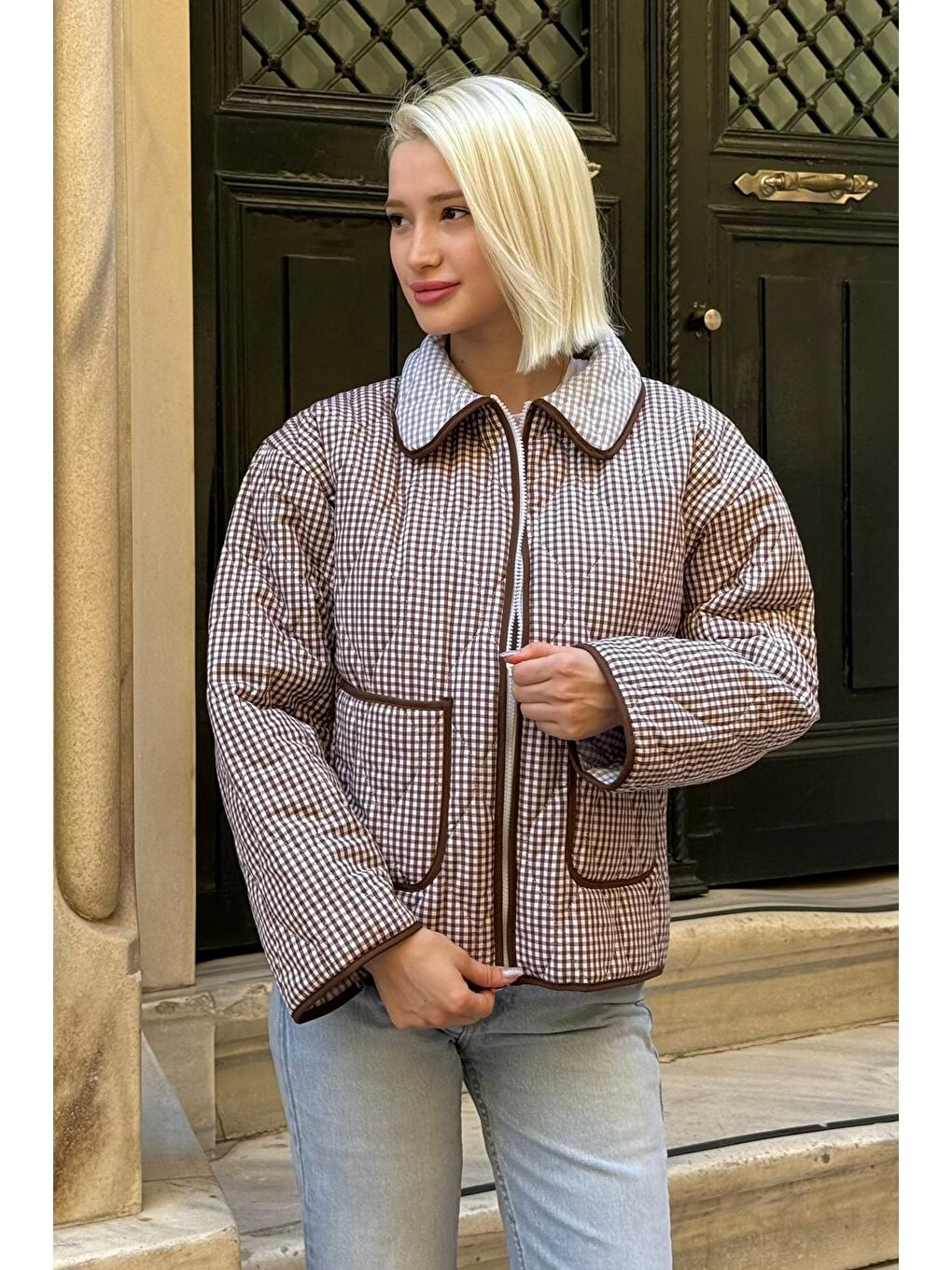 Kahverengi Pötikareli Cepli Kadın Mont Mg2488-1