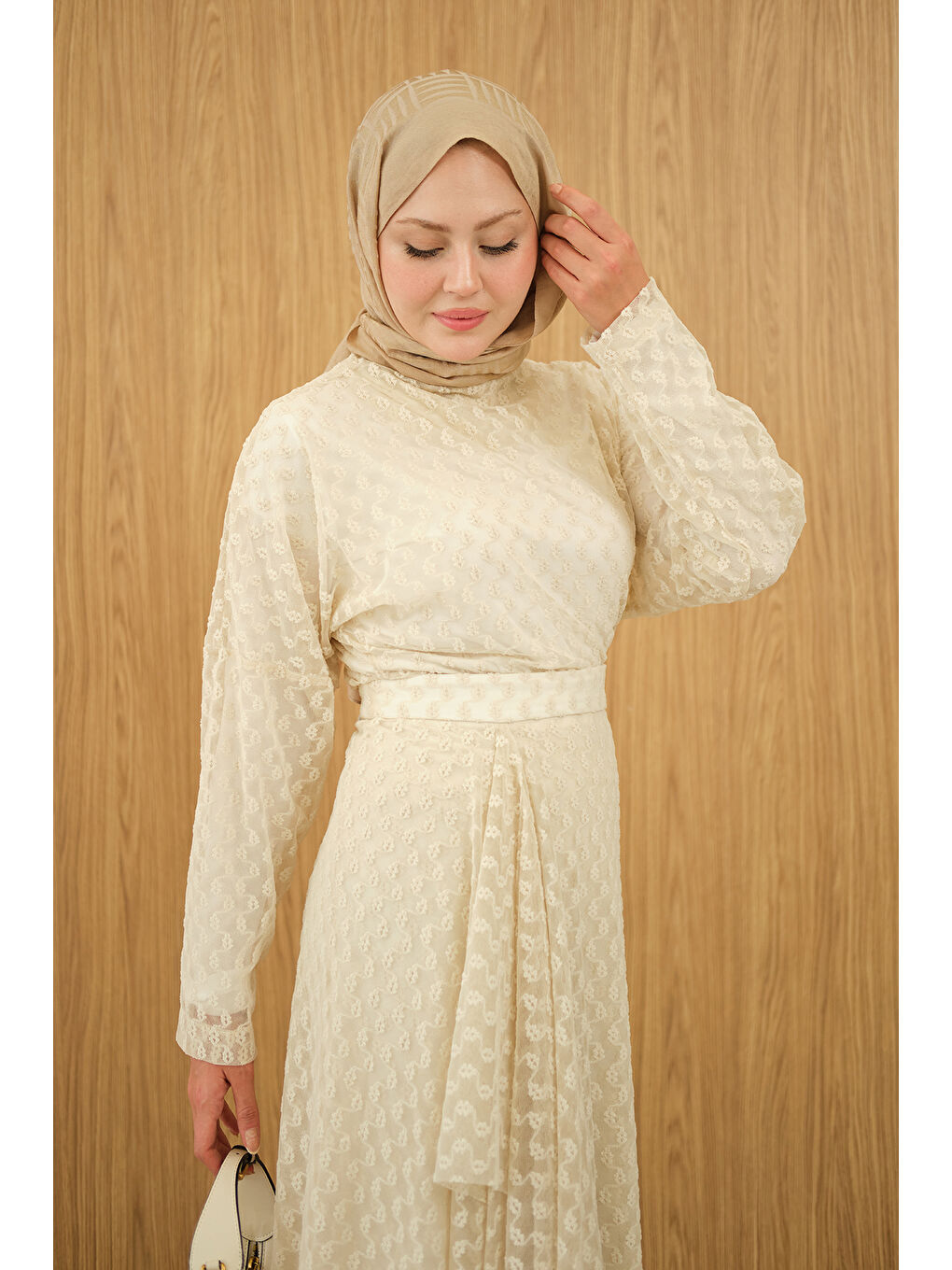 Ekru Kadın Kendinden Desenli Etekli Takım Krem-1