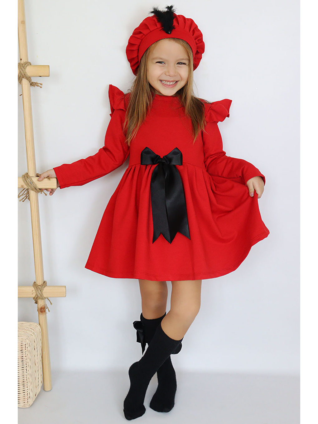 Kız Çocuk Kırmızı Sofia Pamuklu Fiyonk Detaylı Elbise Kep Abiye Takım Giyim > Elbise (1182)-2