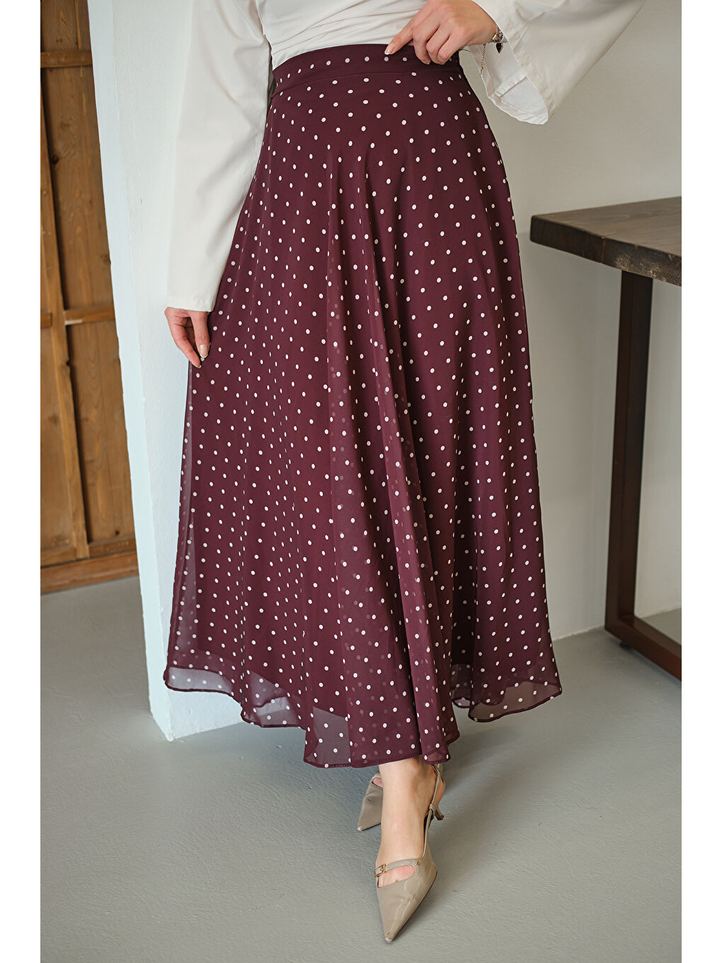 Kadın Puantiye Detay Şifon Etek Bordo-1