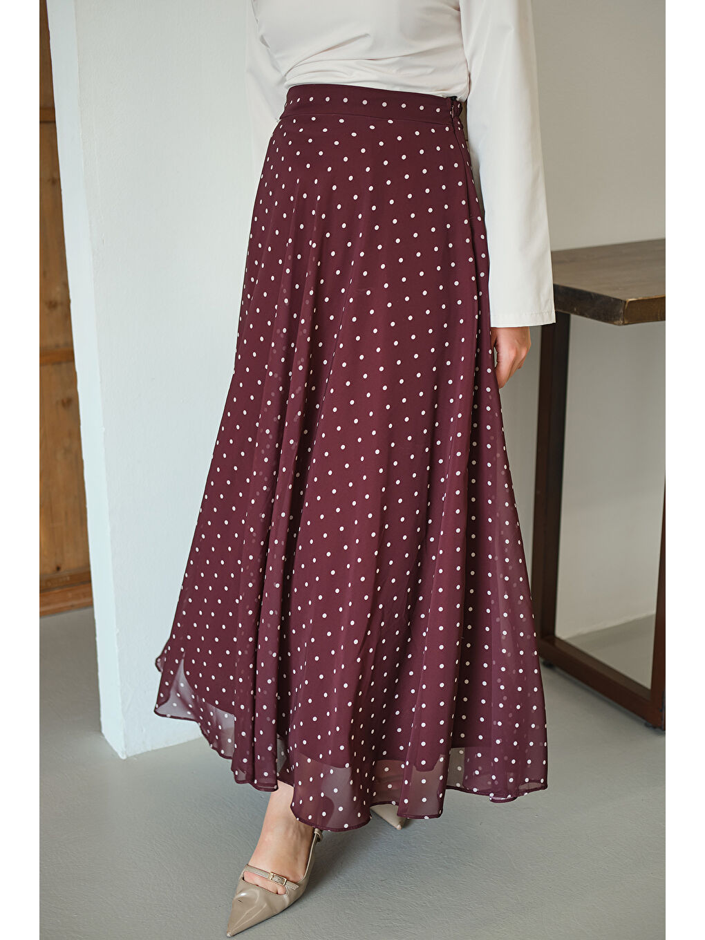 Kadın Puantiye Detay Şifon Etek Bordo-2