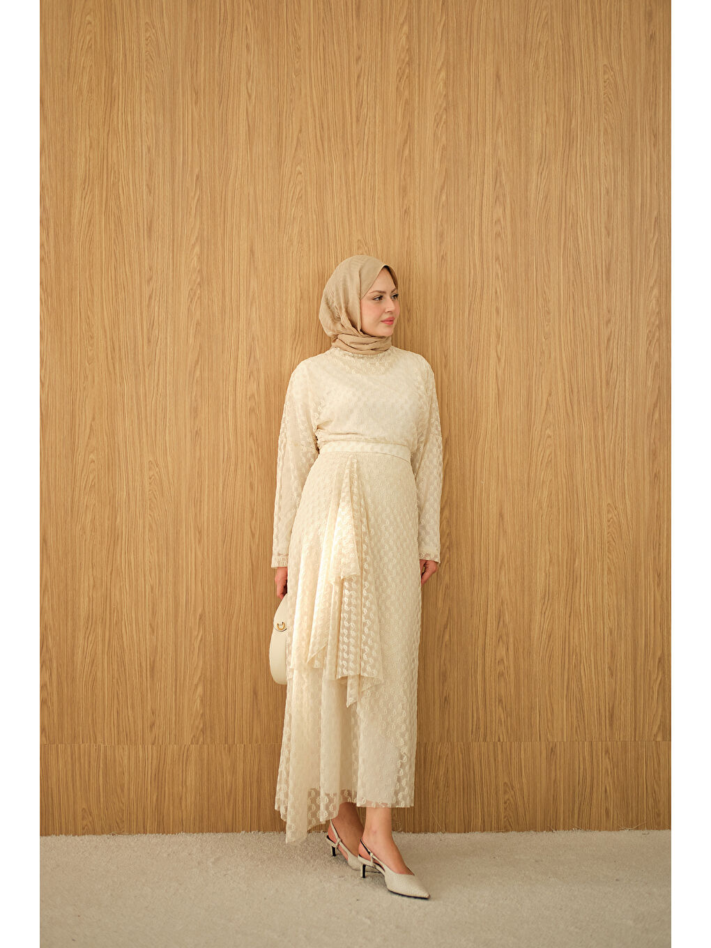 Ekru Kadın Kendinden Desenli Etekli Takım Krem-2