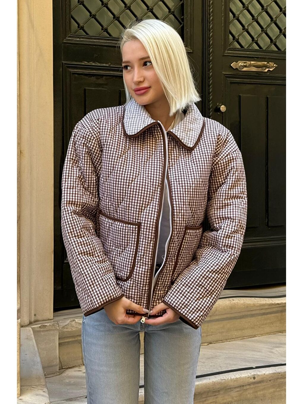 Kahverengi Pötikareli Cepli Kadın Mont Mg2488-3