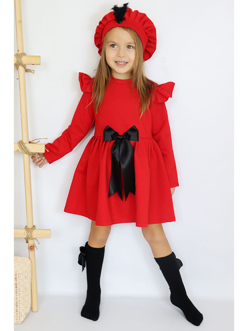 Kız Çocuk Kırmızı Sofia Pamuklu Fiyonk Detaylı Elbise Kep Abiye Takım Giyim > Elbise (1182)-3