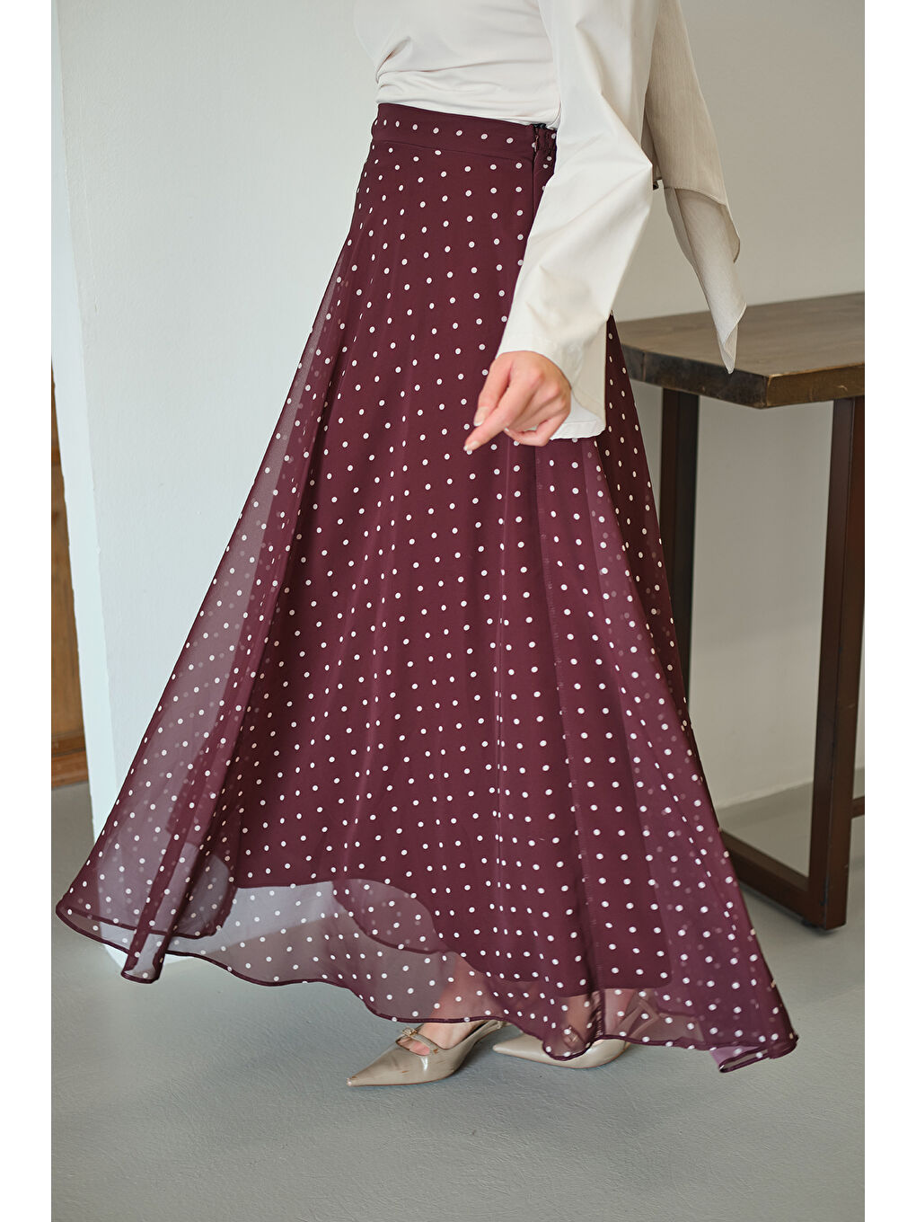 Kadın Puantiye Detay Şifon Etek Bordo-3