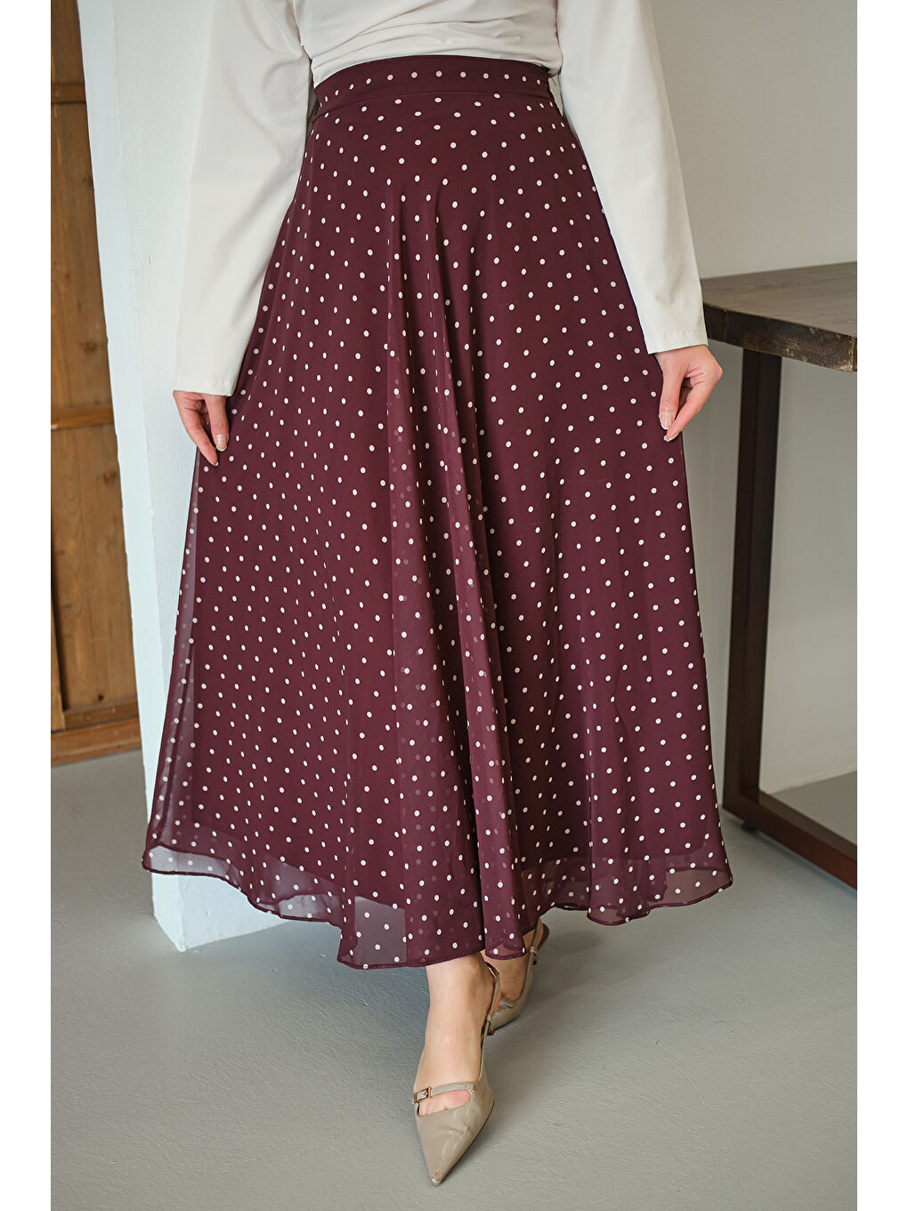 Kadın Puantiye Detay Şifon Etek Bordo-4