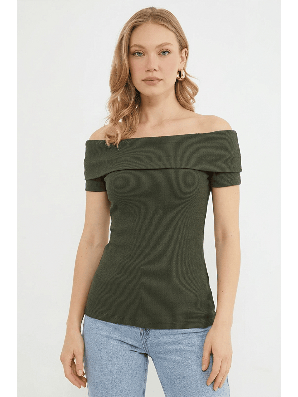Yeşil Fitilli Madonna Yaka Slim Fit Bluz-1