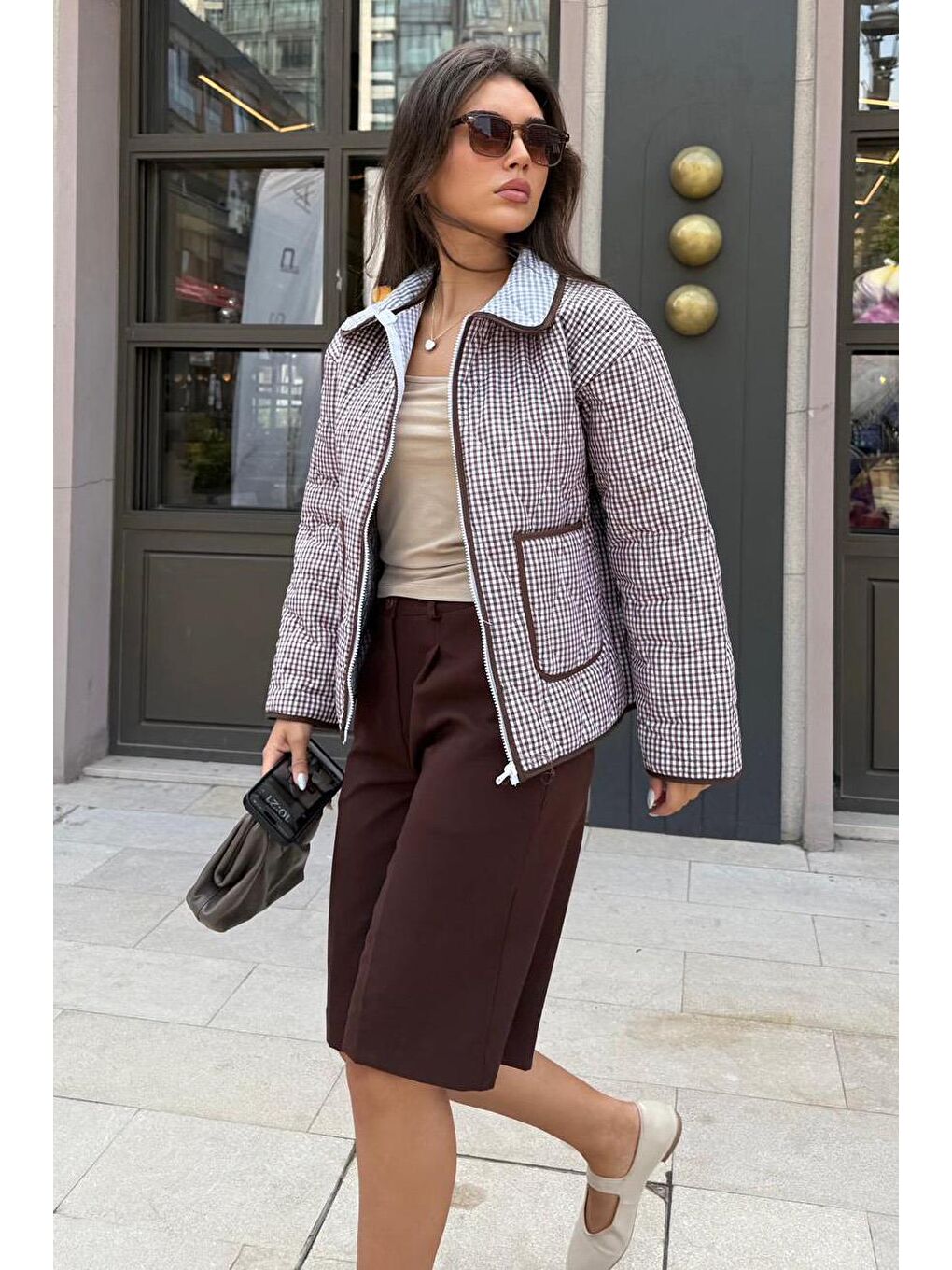 Kahverengi Pötikareli Cepli Kadın Mont Mg2488-4