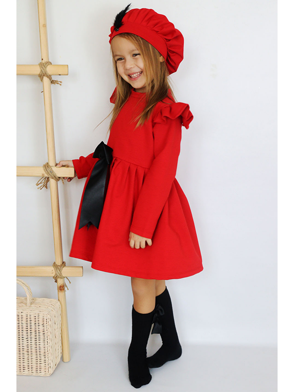Kız Çocuk Kırmızı Sofia Pamuklu Fiyonk Detaylı Elbise Kep Abiye Takım Giyim > Elbise (1182)-5
