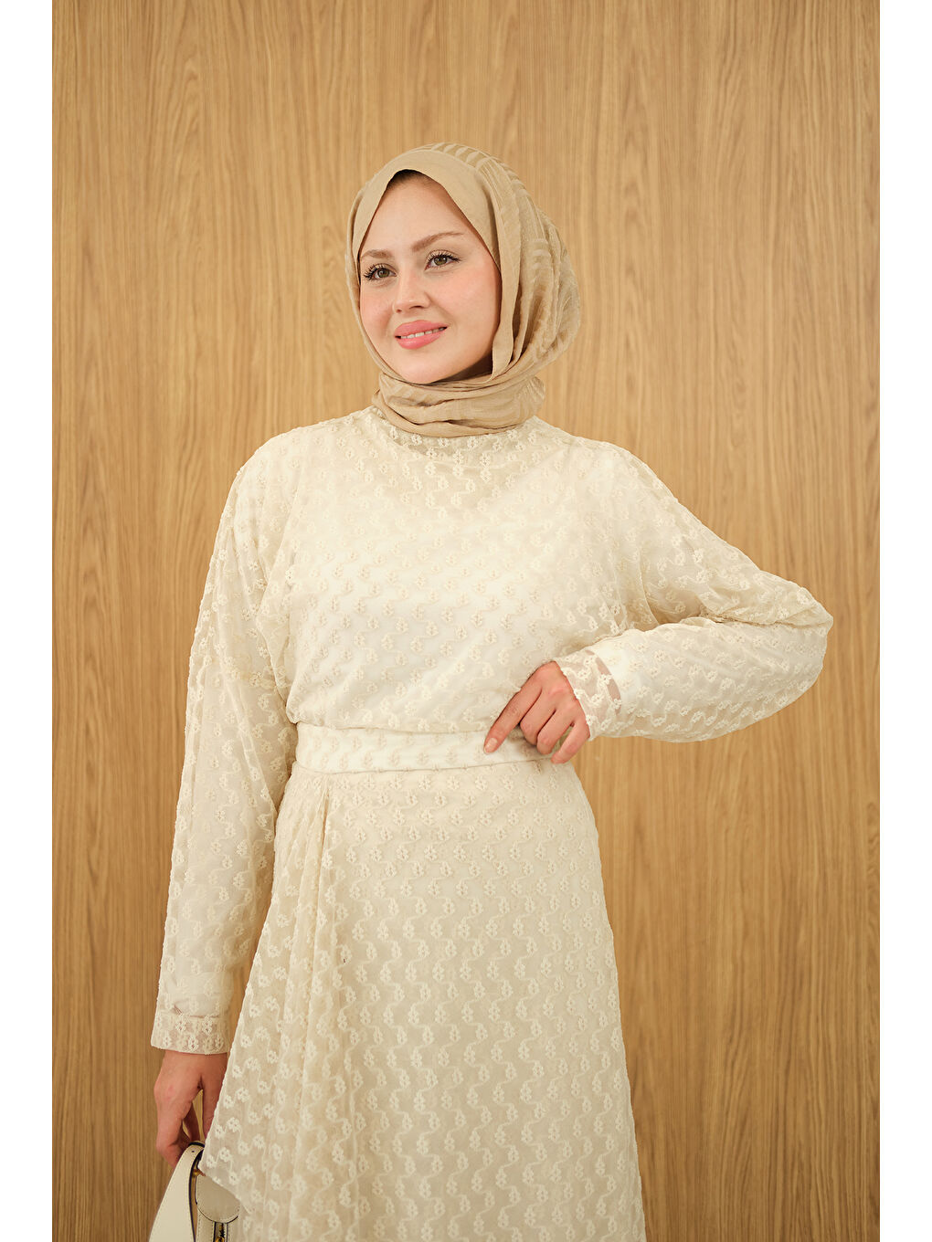 Ekru Kadın Kendinden Desenli Etekli Takım Krem-4