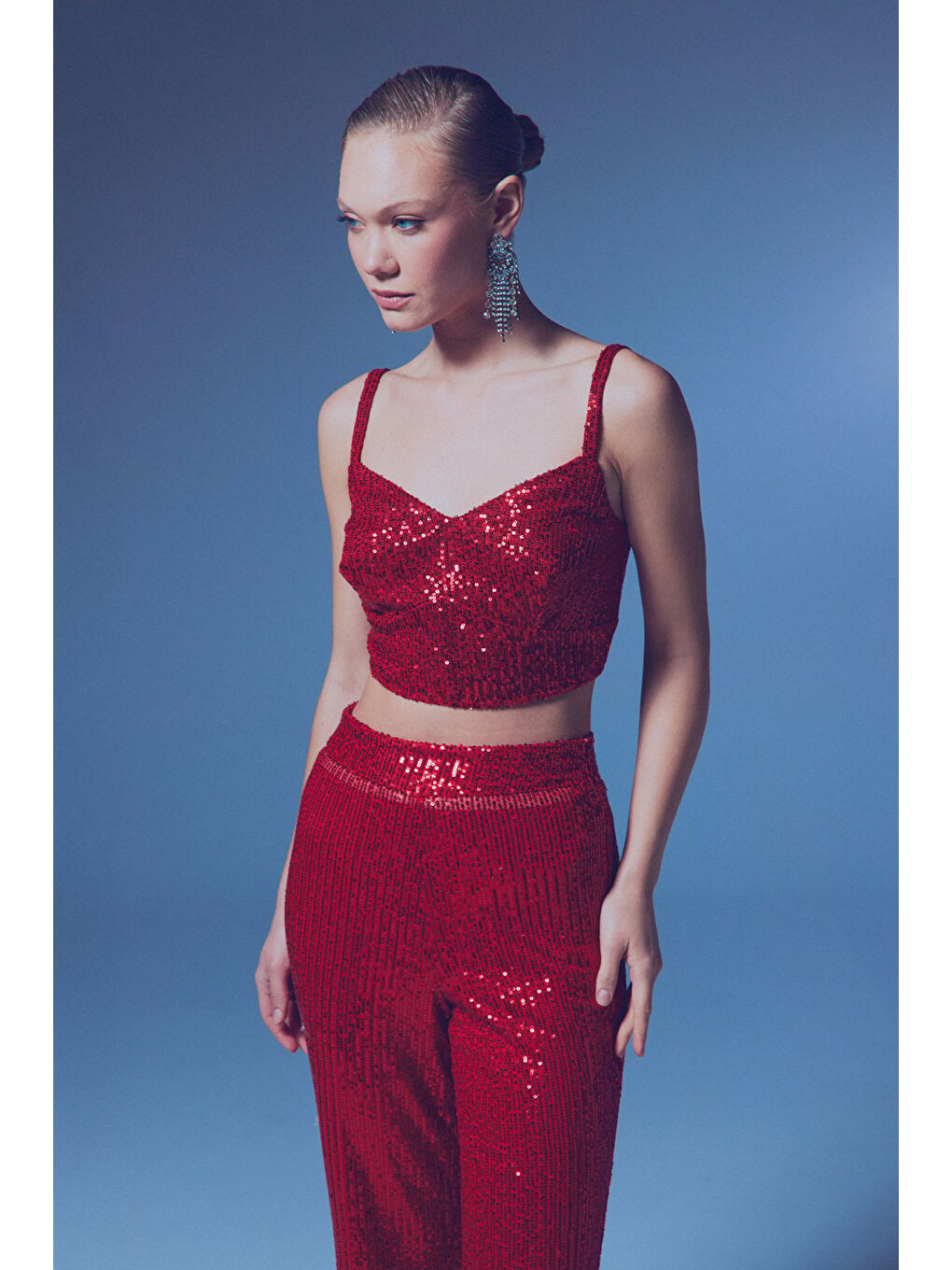 Kalın Askılı Payet Crop - Kırmızı-1