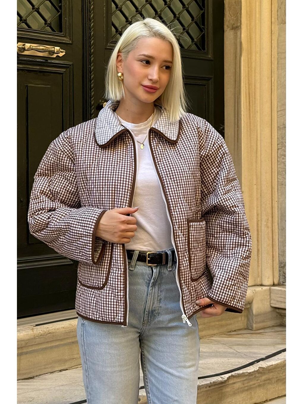 Kahverengi Pötikareli Cepli Kadın Mont Mg2488-5