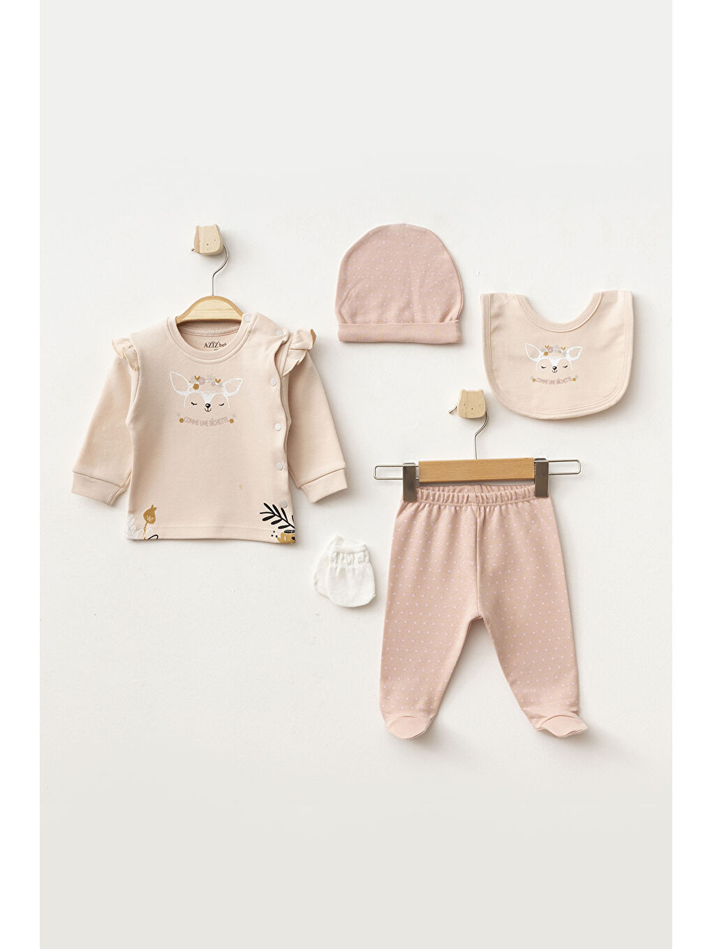 Pembe Kız Bebek Animal Desenli % 100 Pamuk 5' Li Hastane Çıkış Seti 0 Ay - 3 Ay