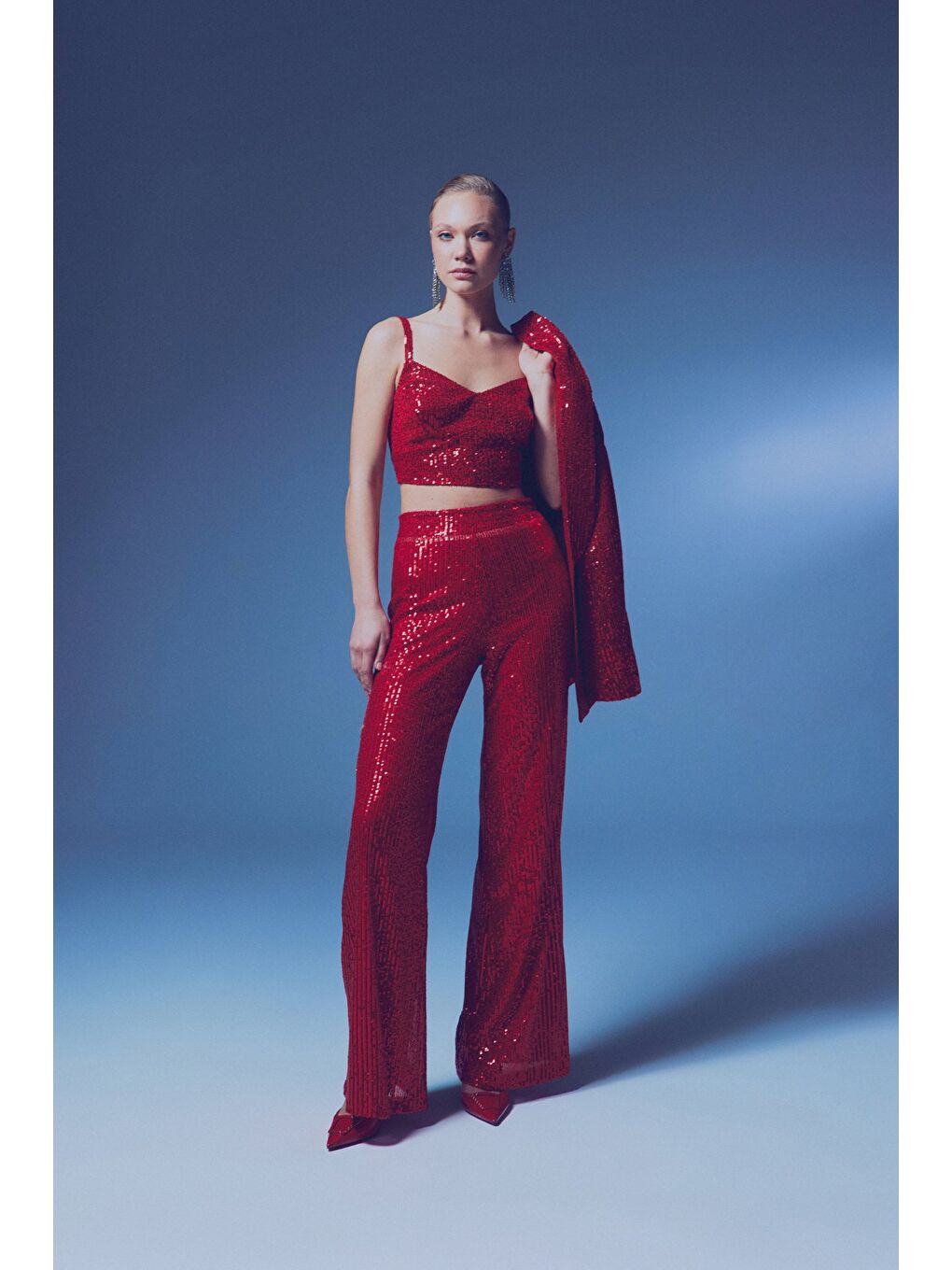 Kalın Askılı Payet Crop - Kırmızı-3