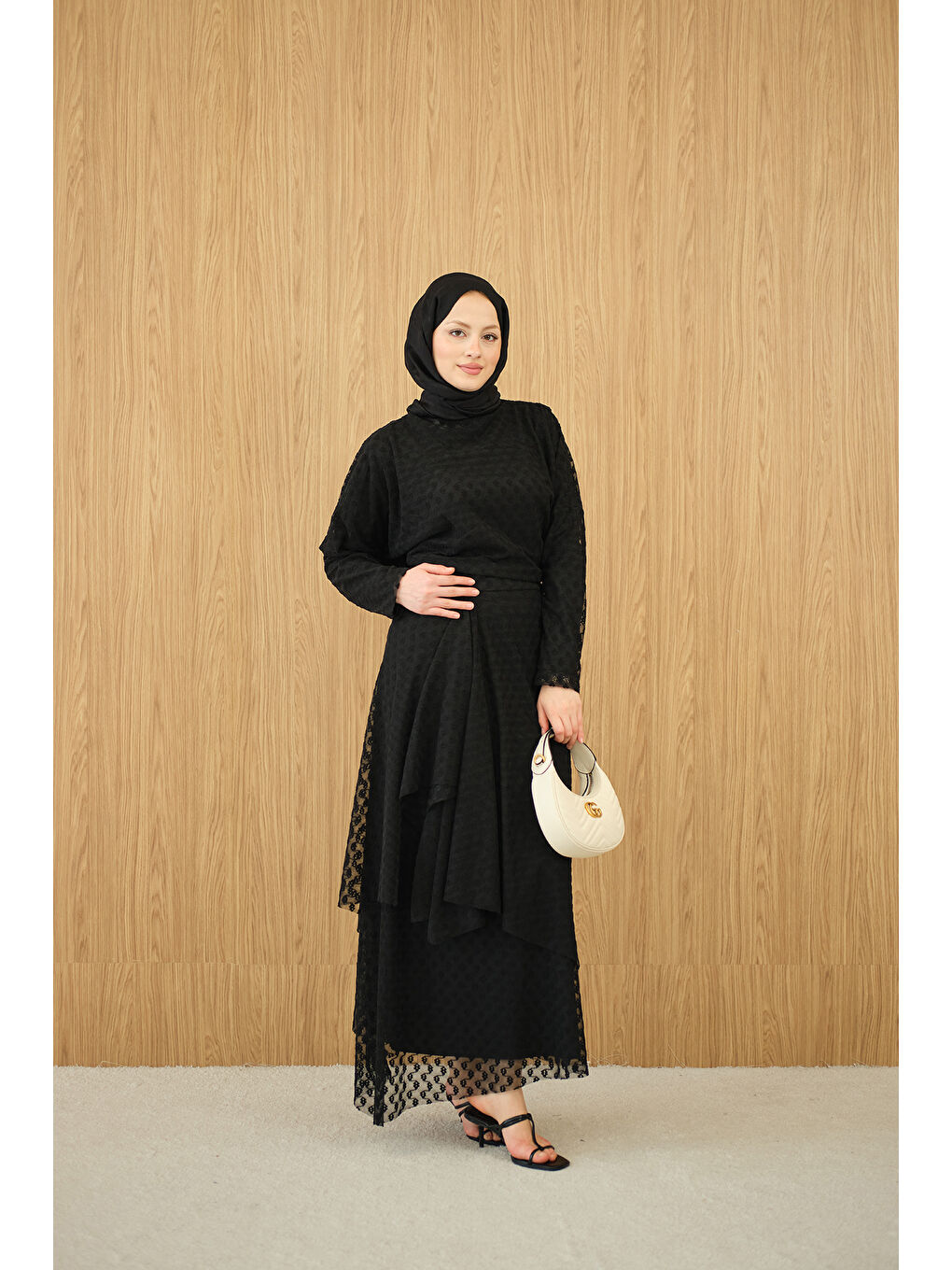 Kadın Kendinden Desenli Etekli Takım Siyah-2