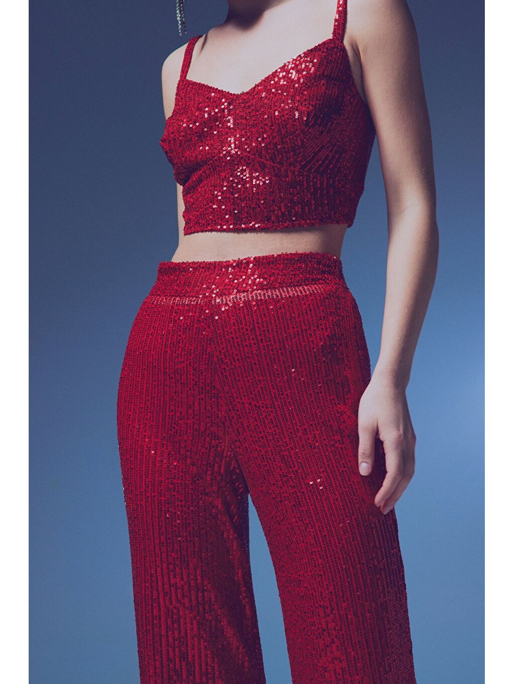 Kalın Askılı Payet Crop - Kırmızı-5