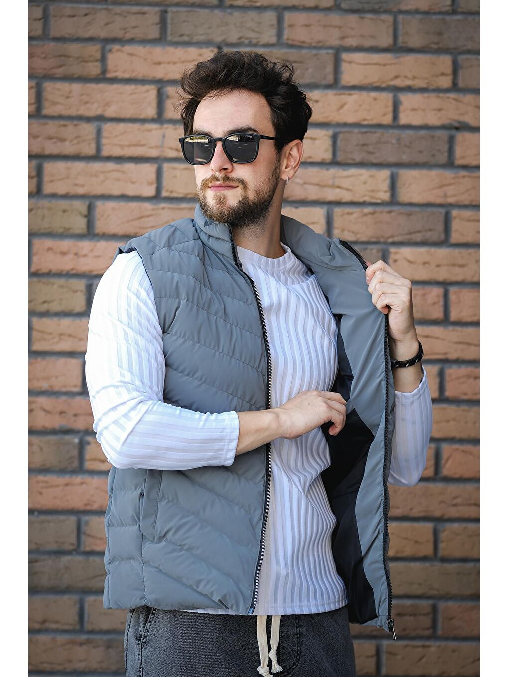 Antrasit Faxy Cepli Dik Yaka Nova Parlak Kumaş Erkek Şişme Yelek-1