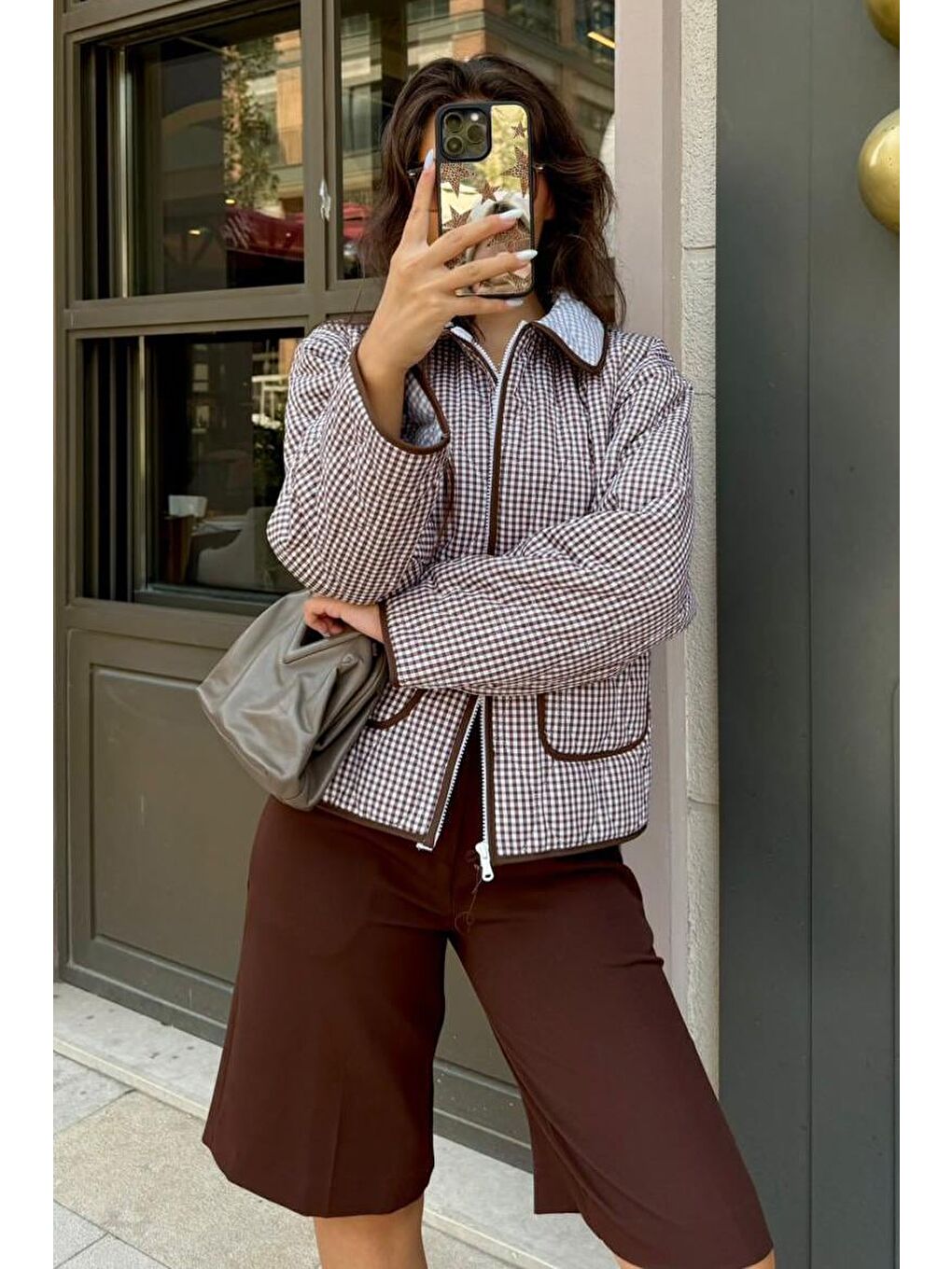 Kahverengi Pötikareli Cepli Kadın Mont Mg2488-7