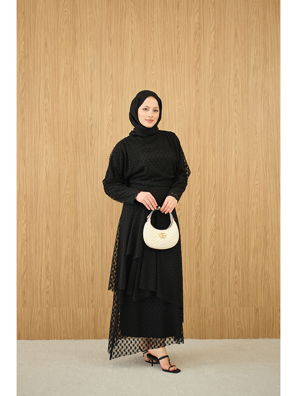 Kadın Kendinden Desenli Etekli Takım Siyah-4