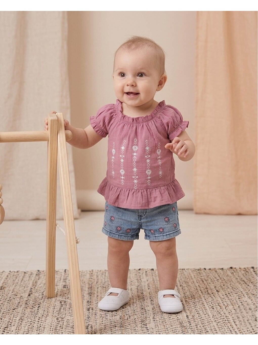 Mürdüm Kız Bebek Yazlık Jean Şortlu Çiçek Baskılı T-shirtlü 6-9-12-18-24 Aylık 2'li Bayramlık Alt Üst Takım