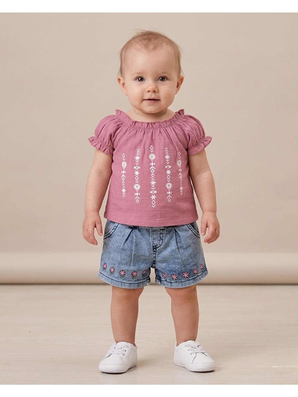 Mürdüm Kız Bebek Yazlık Jean Şortlu Çiçek Baskılı T-shirtlü 6-9-12-18-24 Aylık 2'li Bayramlık Alt Üst Takım-1