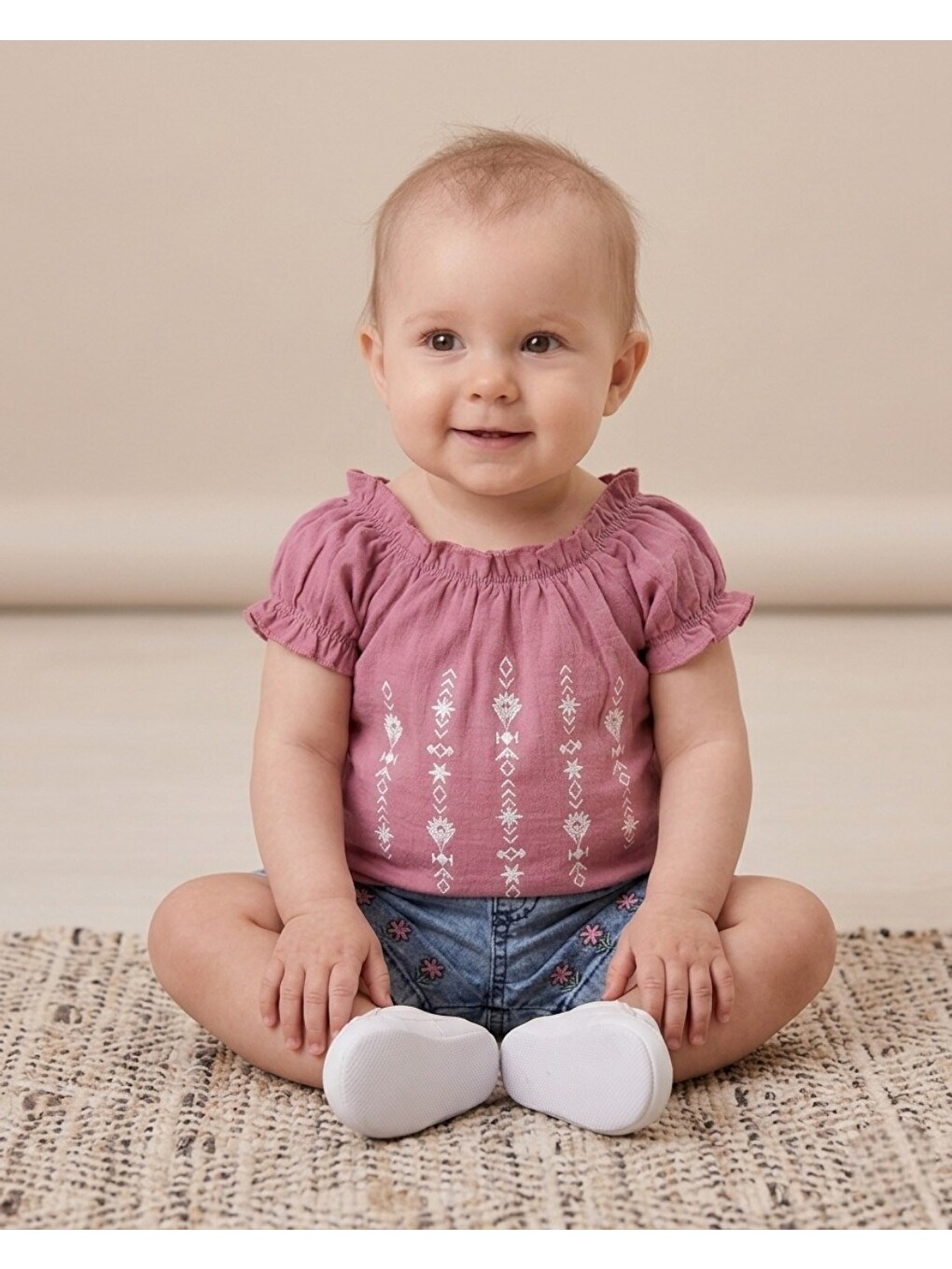 Mürdüm Kız Bebek Yazlık Jean Şortlu Çiçek Baskılı T-shirtlü 6-9-12-18-24 Aylık 2'li Bayramlık Alt Üst Takım-2