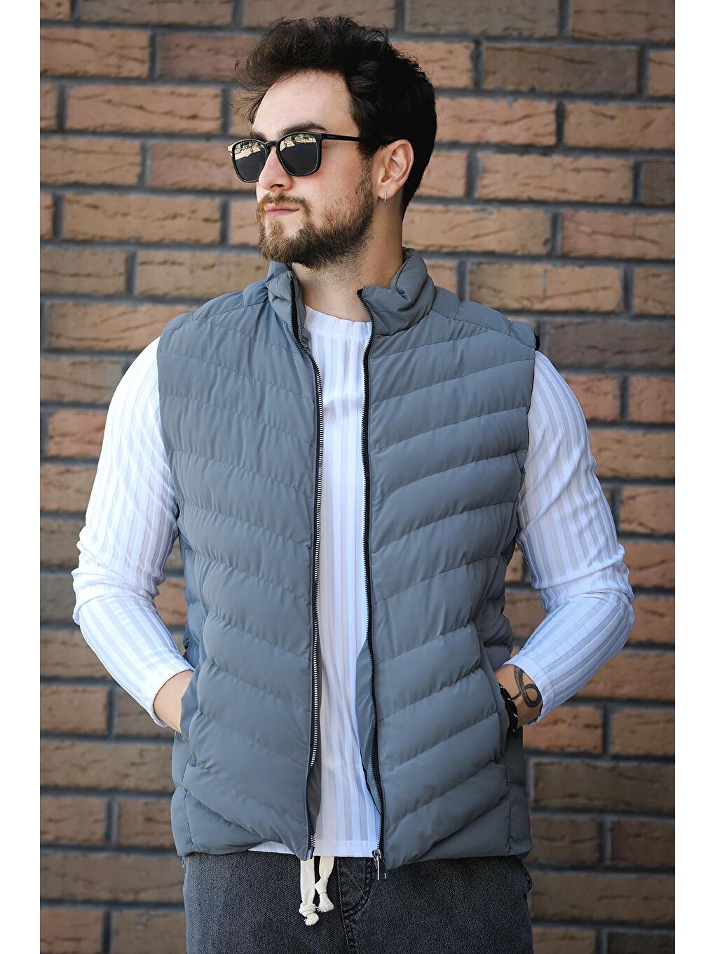 Antrasit Faxy Cepli Dik Yaka Nova Parlak Kumaş Erkek Şişme Yelek-2