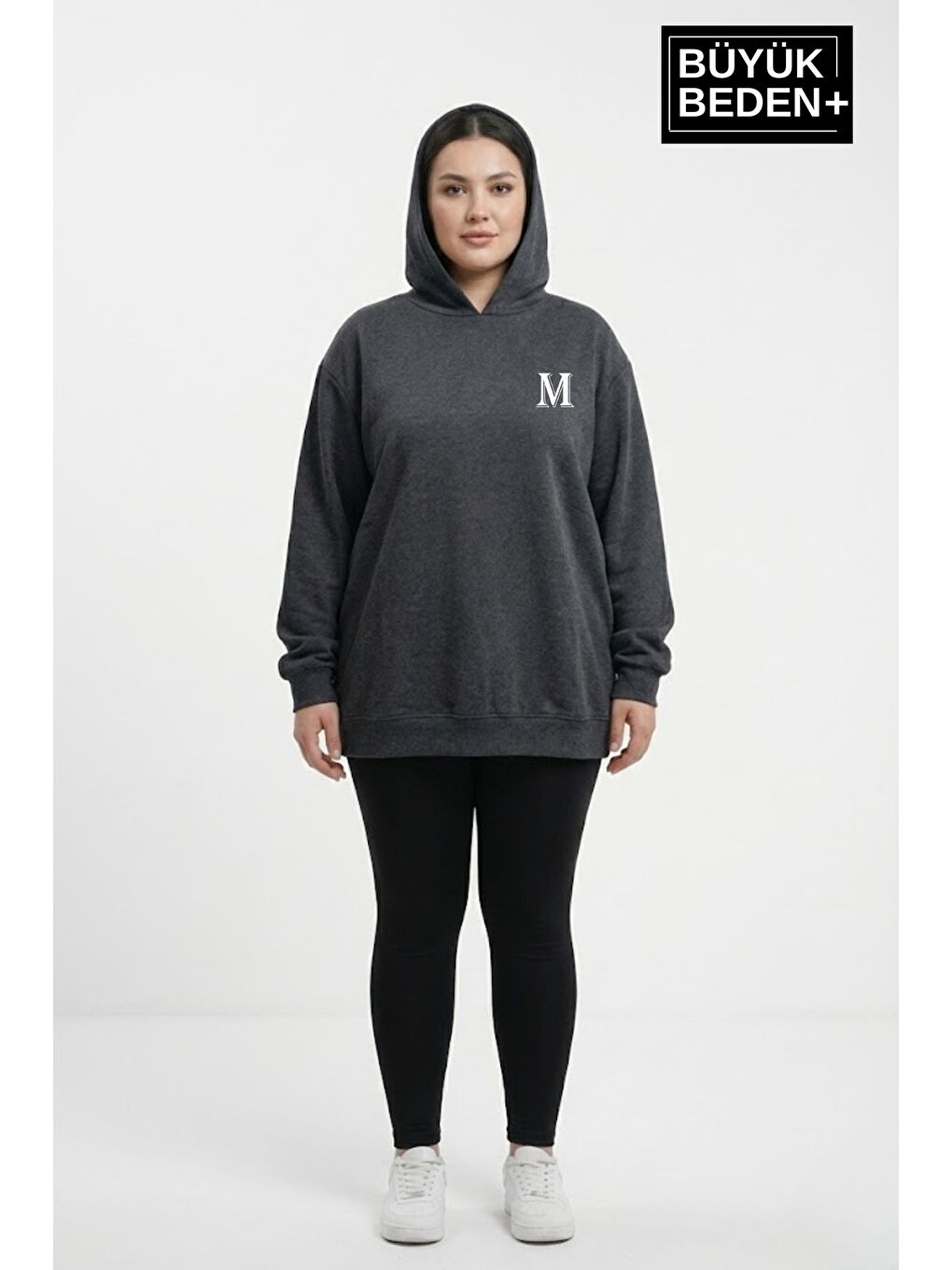 Antrasit Kadın Büyük Beden Kapüşonlu M Baskılı ince Swatshırt SPR26BSWK957-13-1