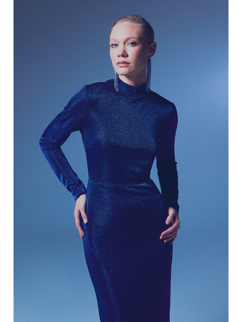 Dik Yaka Simli Bodysuit - Sax Mavi