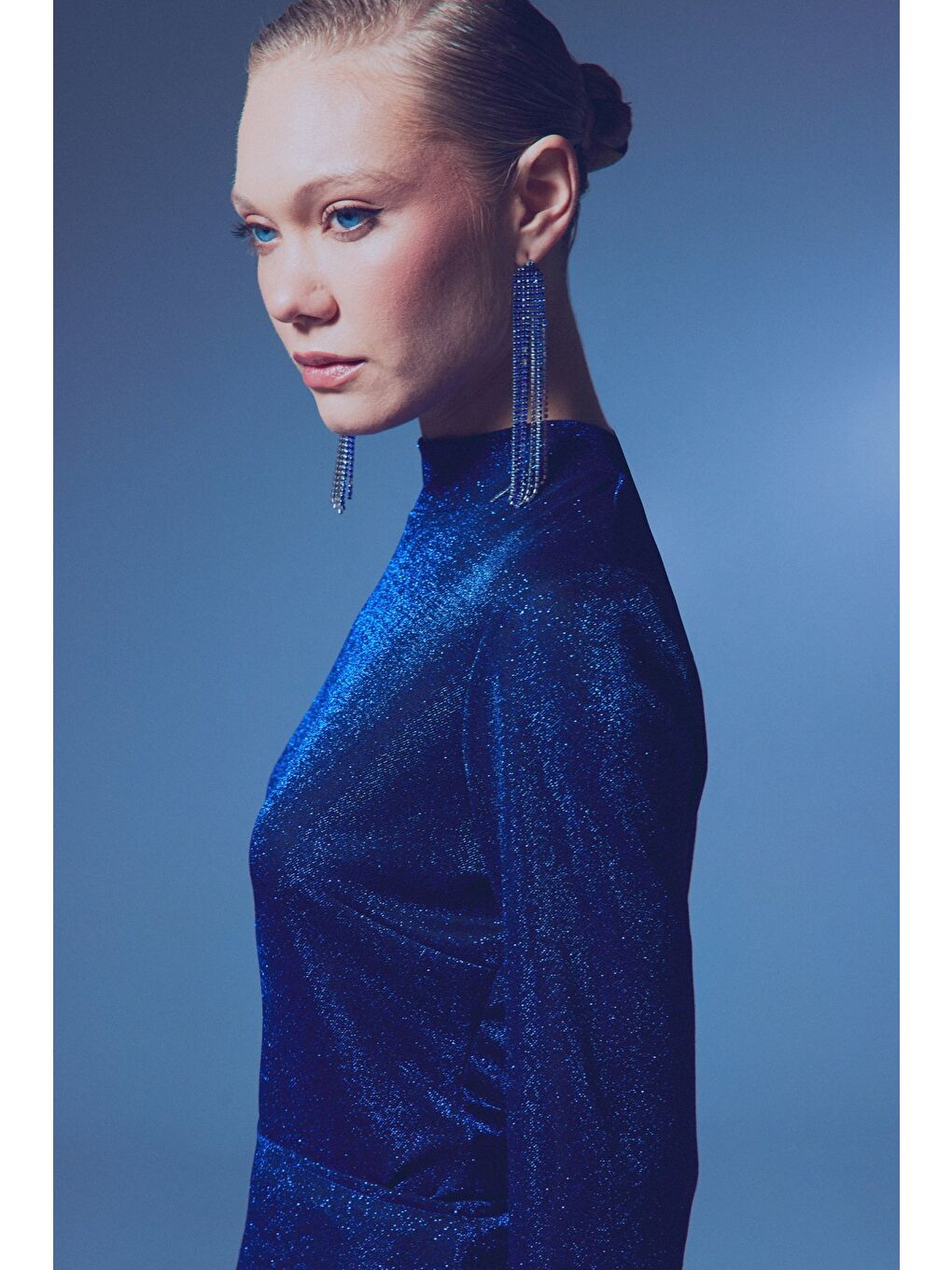 Dik Yaka Simli Bodysuit - Sax Mavi-1