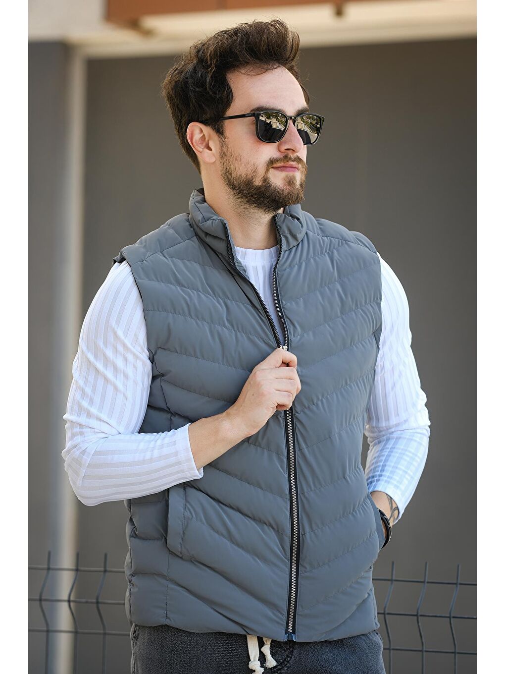 Antrasit Faxy Cepli Dik Yaka Nova Parlak Kumaş Erkek Şişme Yelek-3