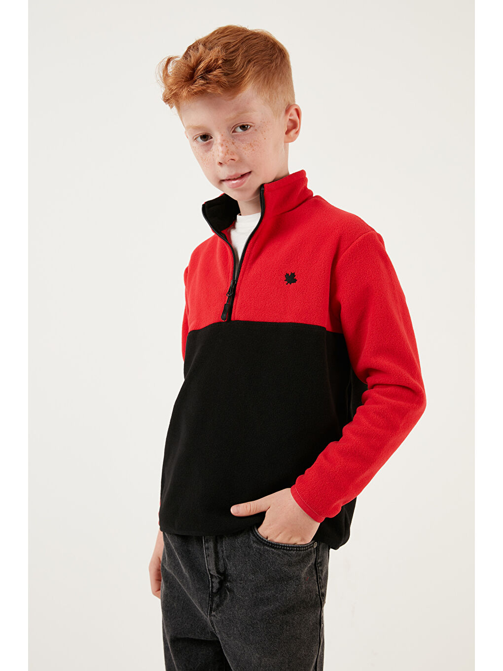 Kırmızı Yumuşak Dokulu Yarım Fermuarlı Renk Bloklu Dik Yaka 2'li Paket Polar 5905004S2-2