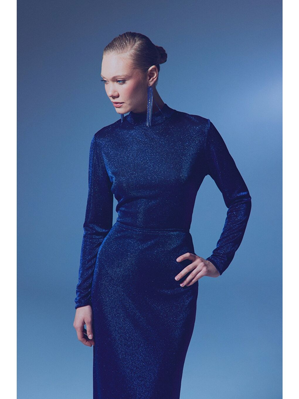 Dik Yaka Simli Bodysuit - Sax Mavi-2