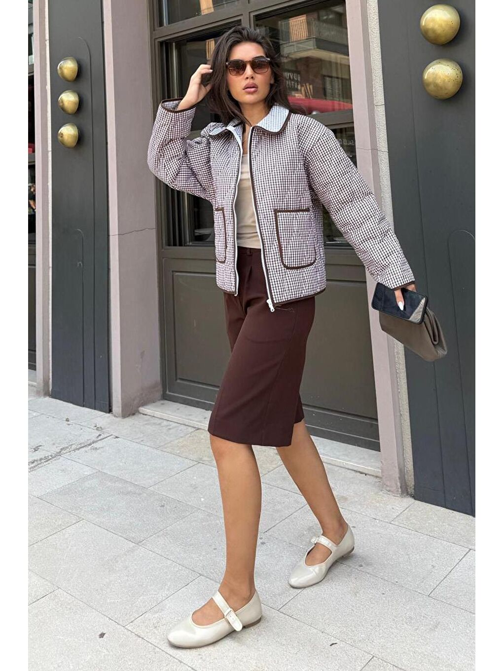 Kahverengi Pötikareli Cepli Kadın Mont Mg2488-9