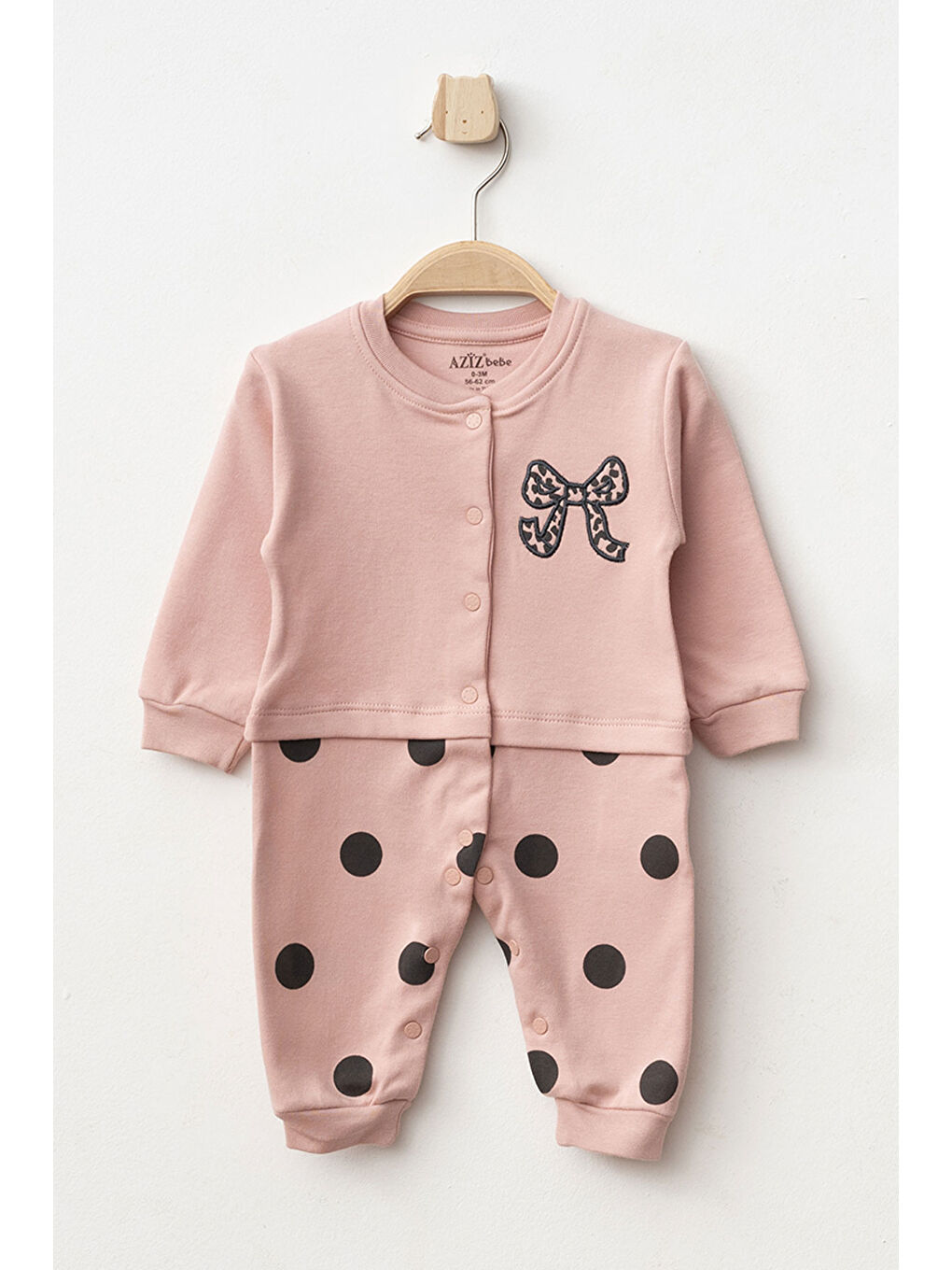 Pembe Kız Bebek Çıtçıtlı Fiyonk Nakişli %100 Pamuk Tulum 0 Ay 6 Ay