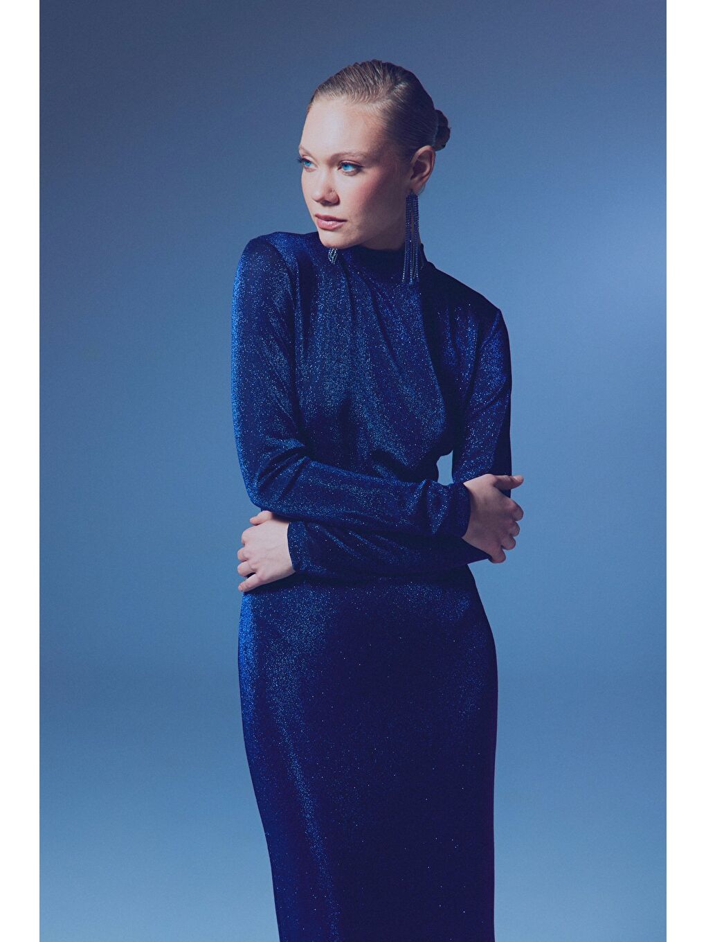 Dik Yaka Simli Bodysuit - Sax Mavi-4