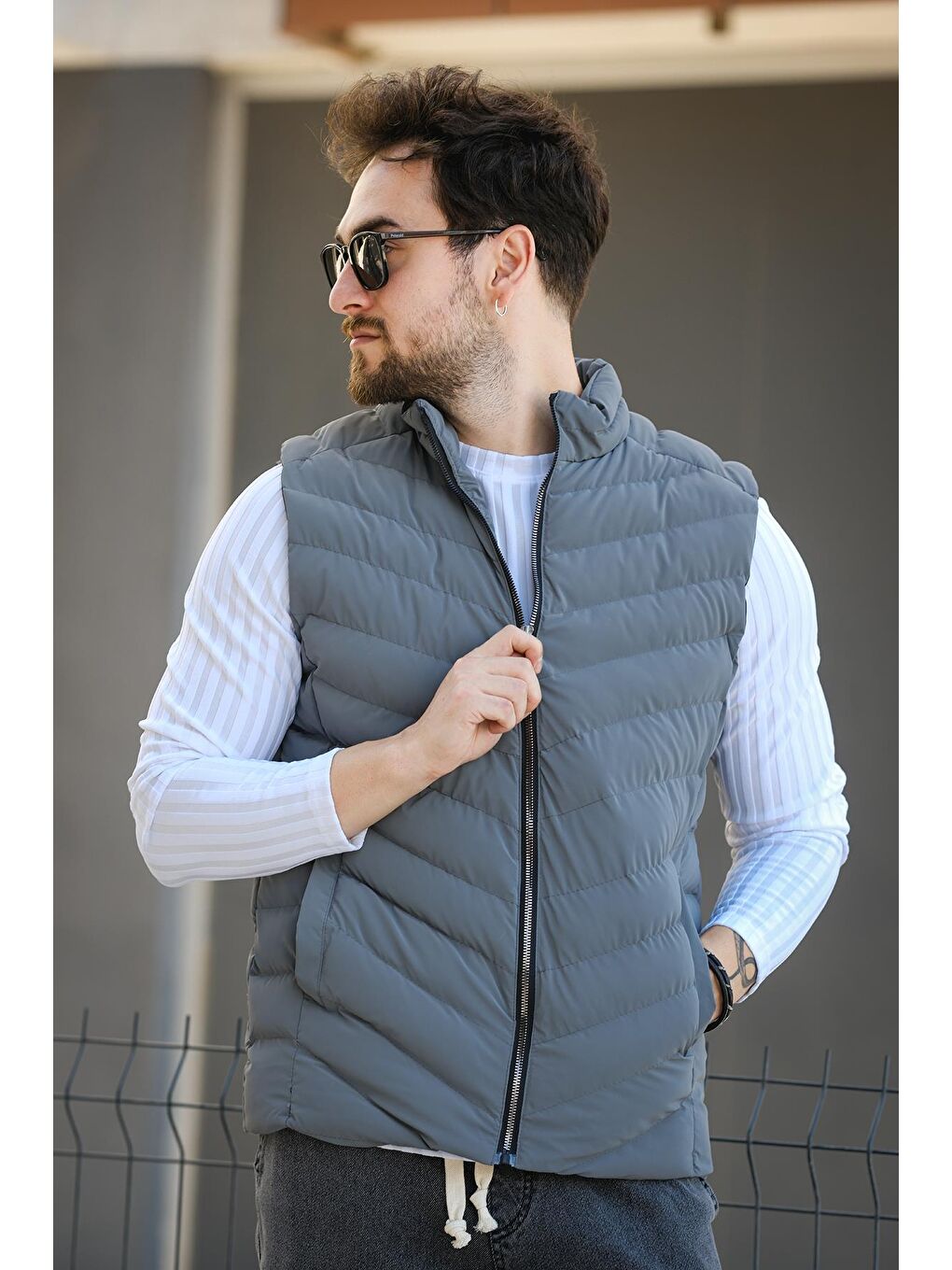 Antrasit Faxy Cepli Dik Yaka Nova Parlak Kumaş Erkek Şişme Yelek-4