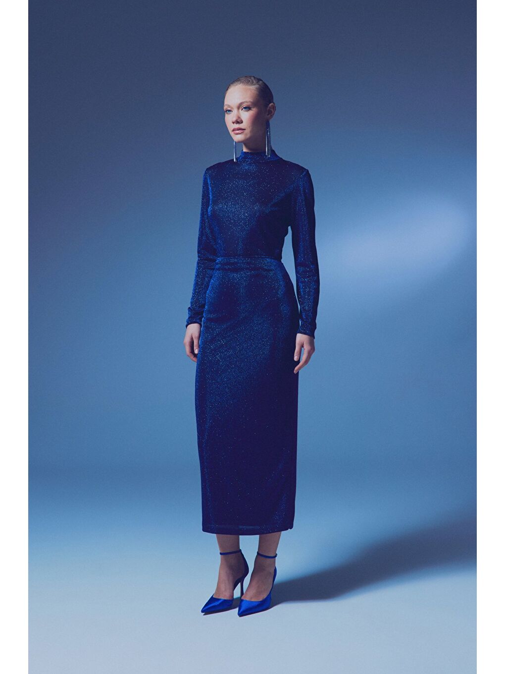 Dik Yaka Simli Bodysuit - Sax Mavi-5