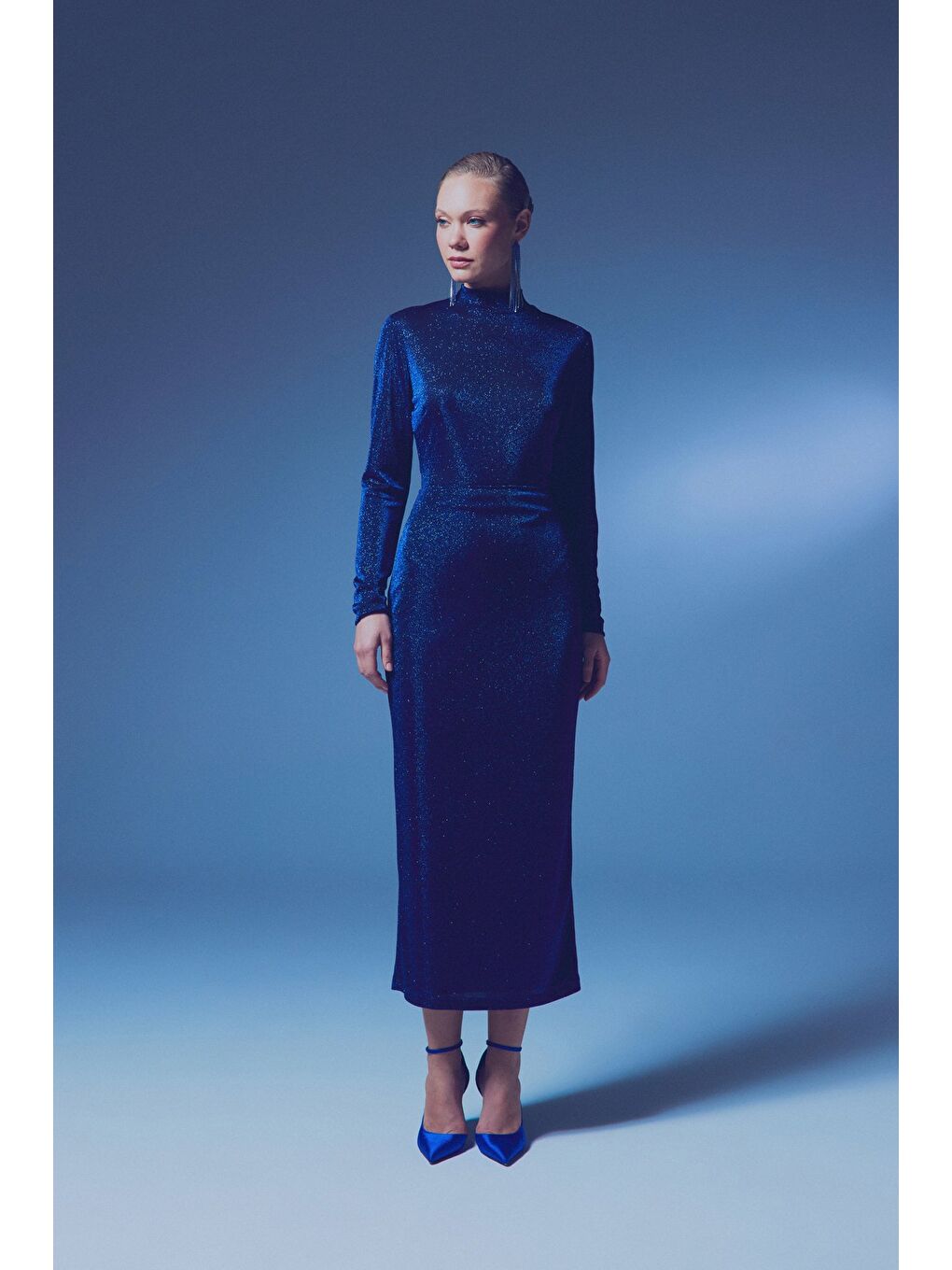 Dik Yaka Simli Bodysuit - Sax Mavi-6