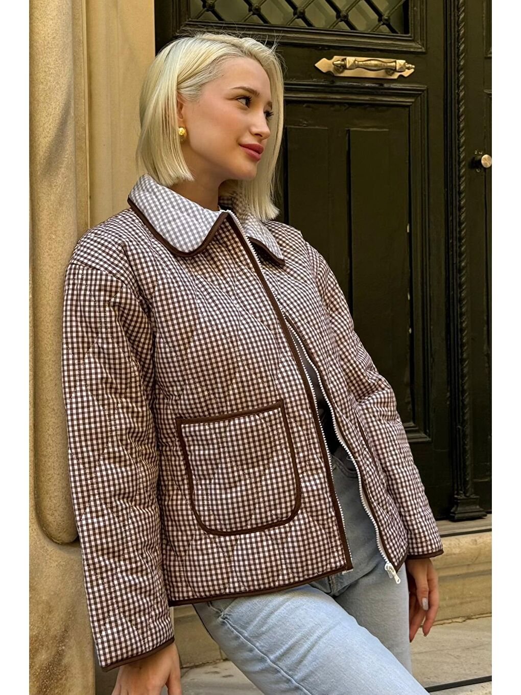 Kahverengi Pötikareli Cepli Kadın Mont Mg2488-10