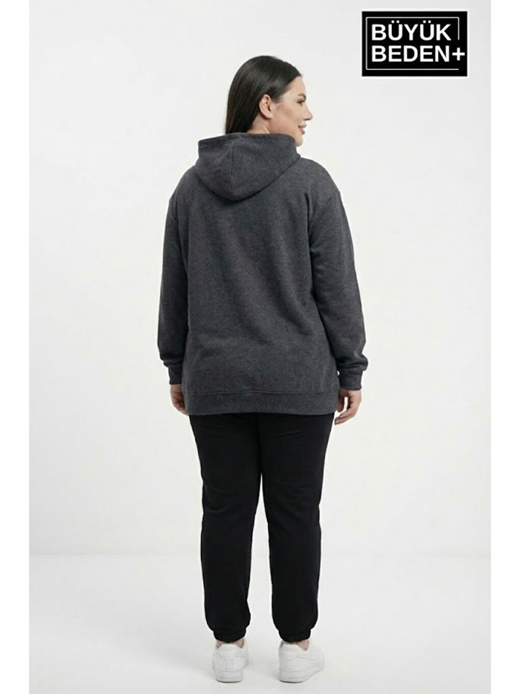 Antrasit Kadın Büyük Beden Kapüşonlu M Baskılı ince Swatshırt SPR26BSWK957-13-4