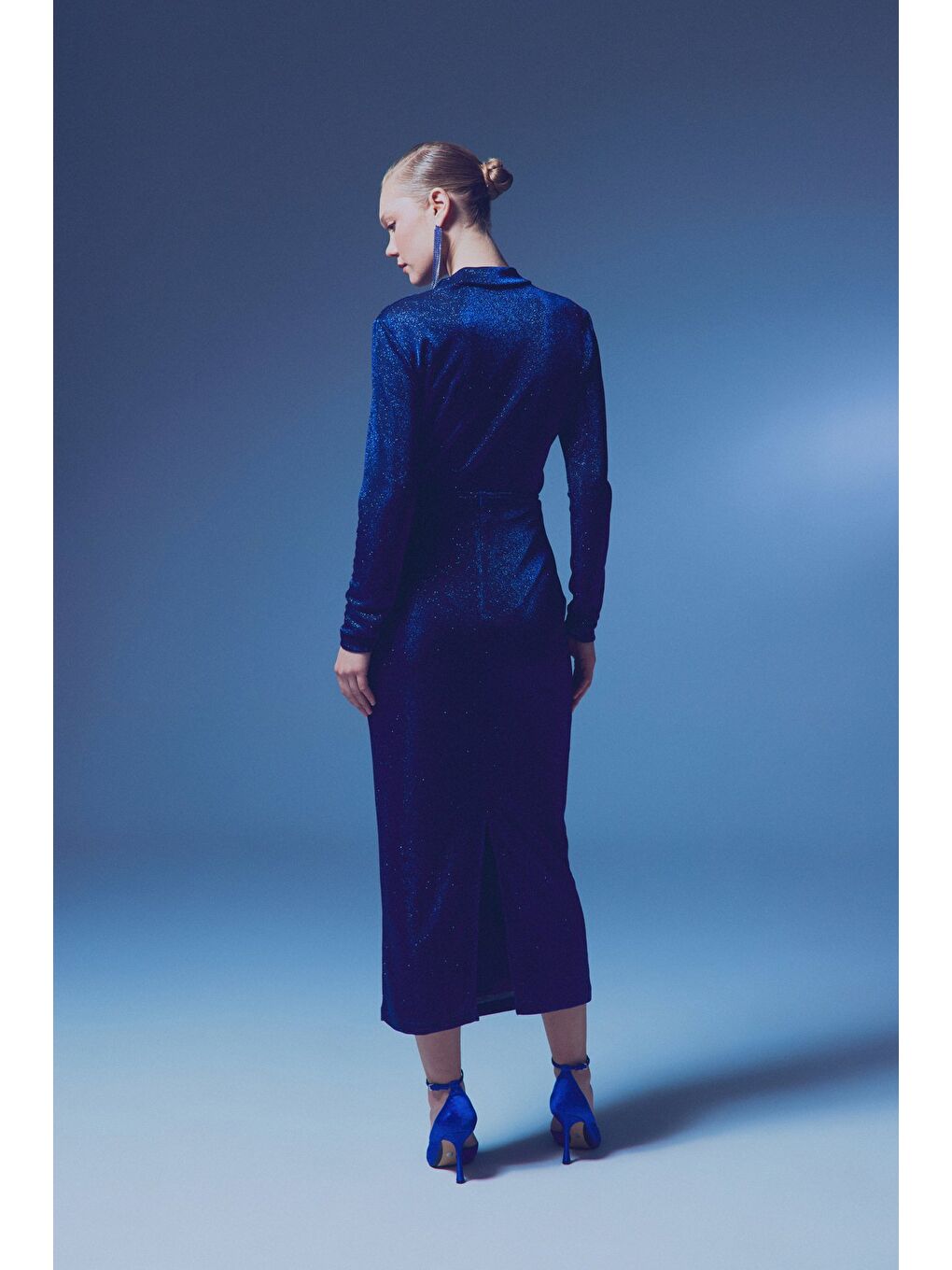 Dik Yaka Simli Bodysuit - Sax Mavi-7