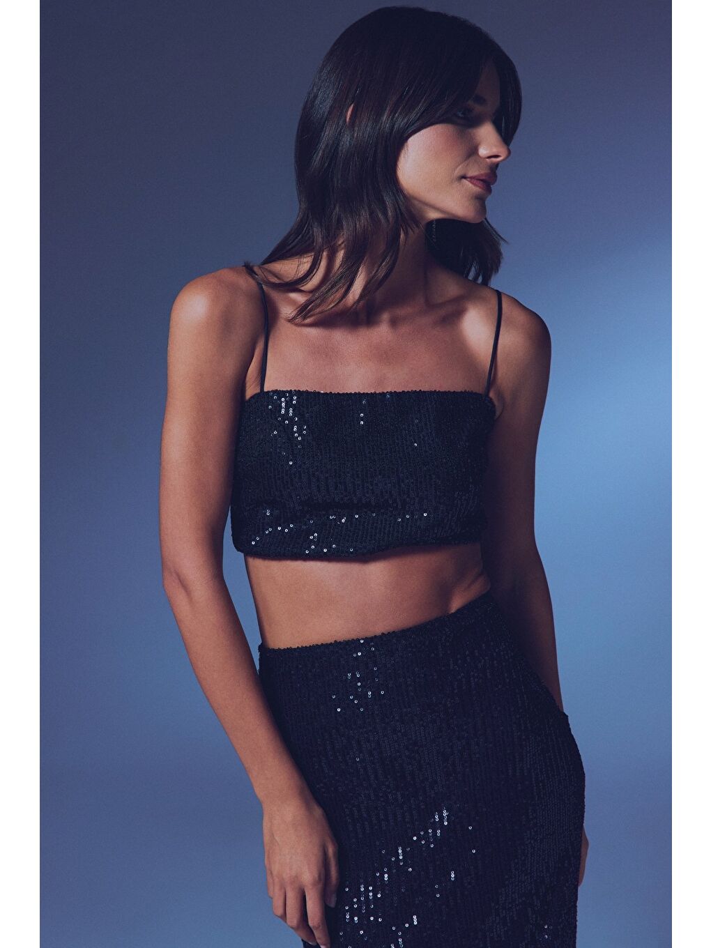 Askılı Payetli Crop Bluz - Siyah-3